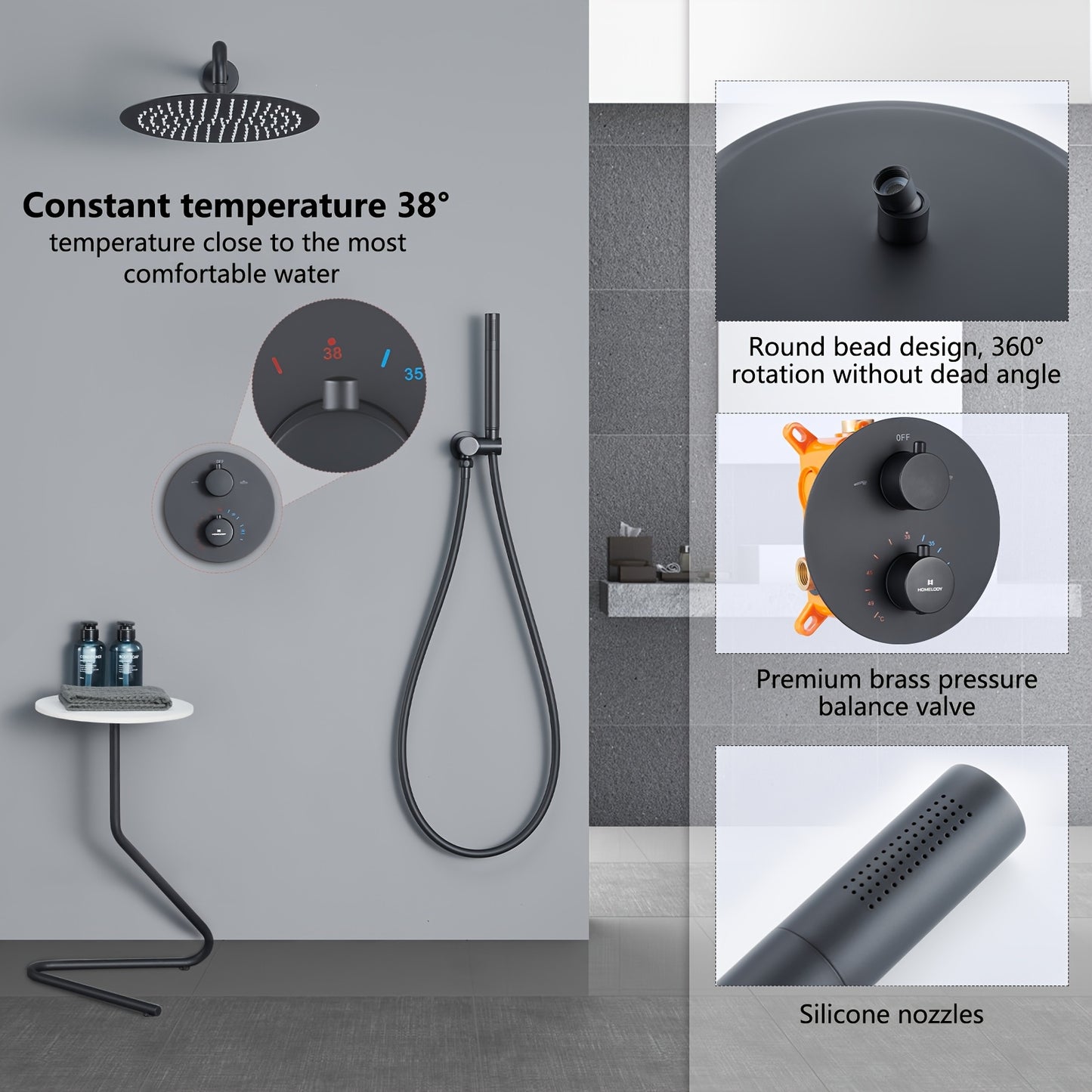 Douchekopset – Doucheset – Regendouche – Handdouche – Douchesysteem – Wandmontage – Geen Batterij of Stroom – Moderne Koperkleur