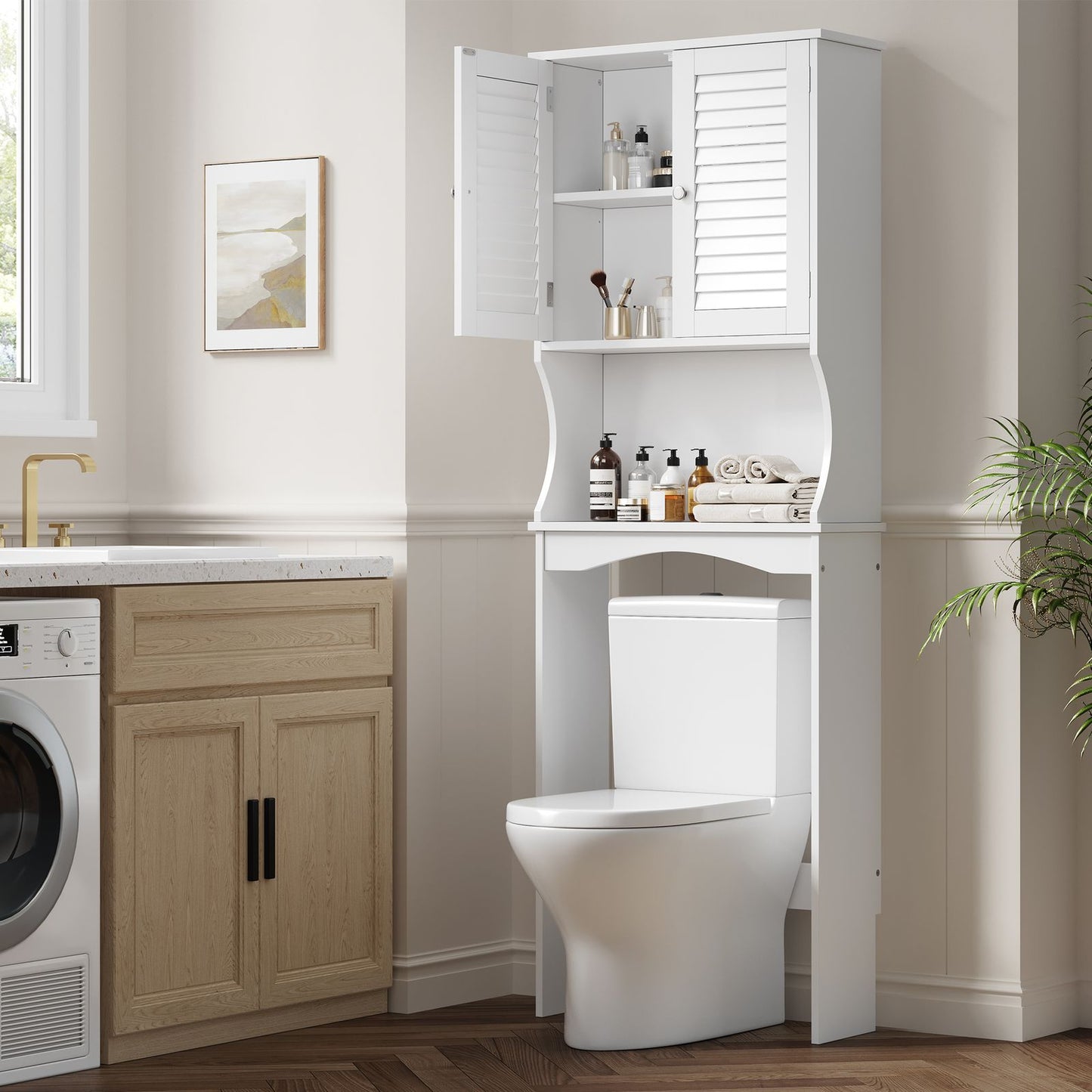 White Over the Toilet Storage Cabinet | 3-Tier Adjustable Shelves, Double Louvered Doors, Freestanding Hardwood Bathroom Organizer for Space-Saving Storage, Classic Style