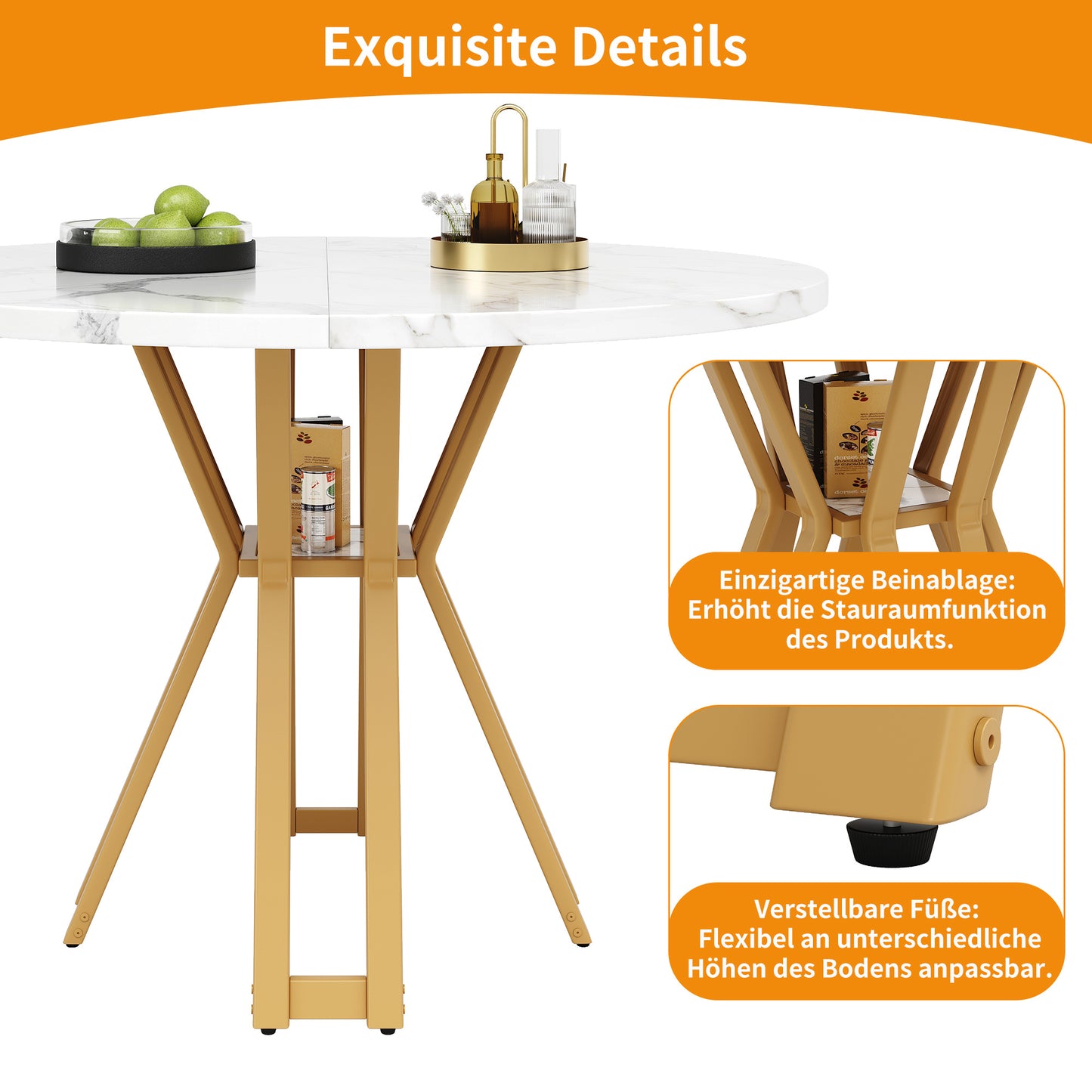 Ronde Eettafel – Ronde Tafel – Design Eettafel – Marmerlook Tafel – Keukentafel – MDF Tafelblad Marmerstructuur – Stevig Gouden Metalen Frame – 100 cm – Voor 4-6 Personen