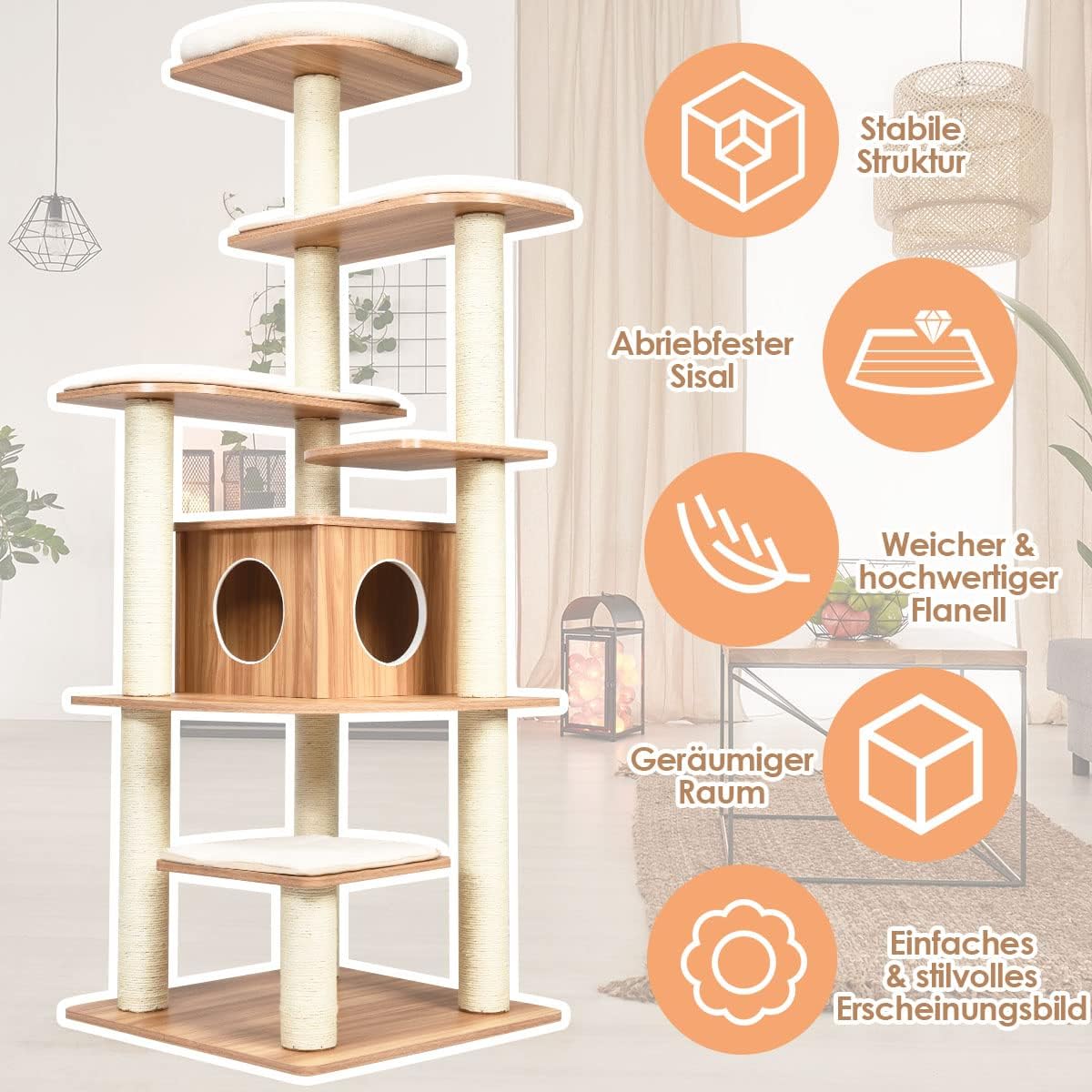 Krabpaal – Kattentoren – Klimmeubel – Krabmeubel – Kattenmeubel – 6 Lagen Met Kattenhol – 175 cm Hoog – Stevig Sisal – Zachte Wasbare Stoffen