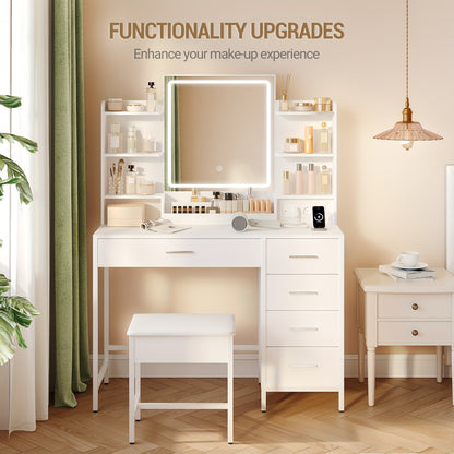 Dressing Table, With Padded Stool, HD Mirror And Adjustable LED Lights, Socket And USB, 5 Drawers, Open Storage Compartment, Simplicity, Mounted Closet Systems
