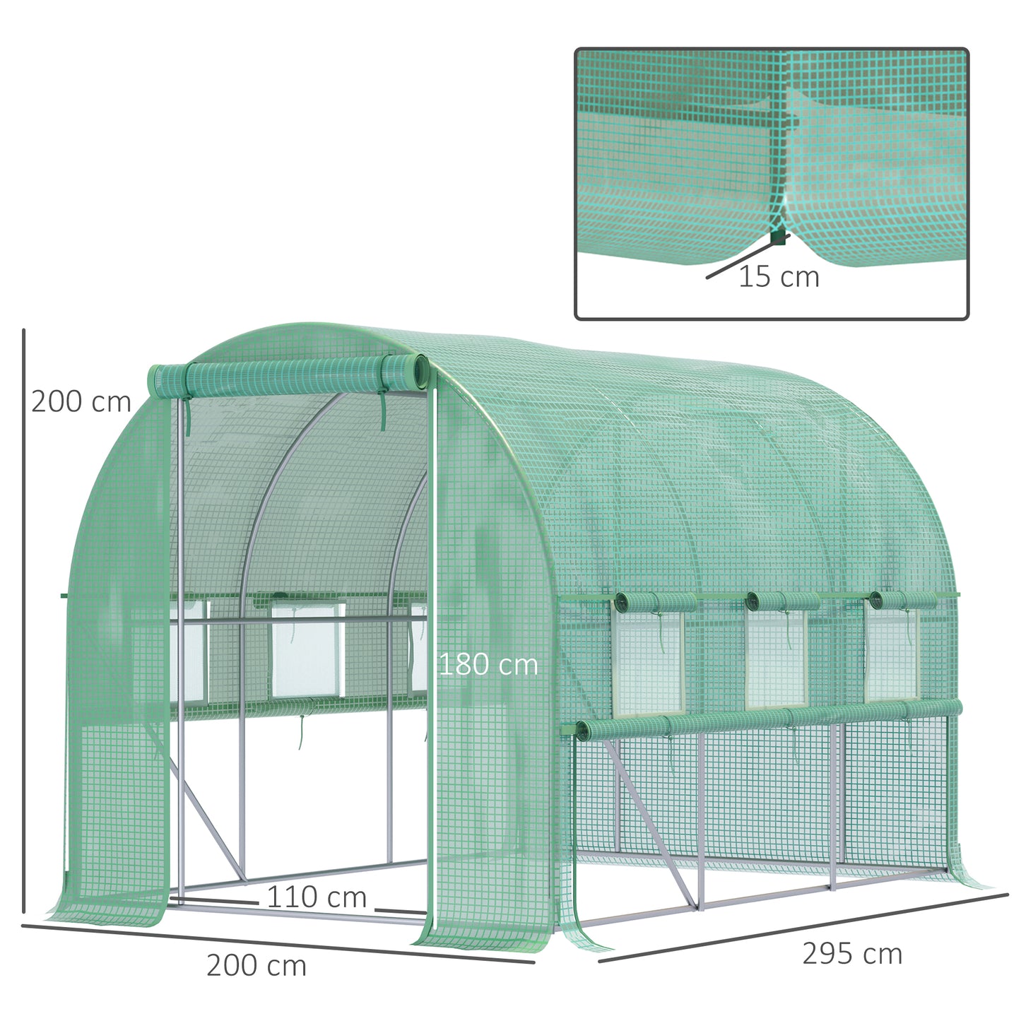 Tunnelkas – Kweekkas – Groentekas – Serre – Plantenkas – 6 Oprolbare Ramen – Roestvrij Stalen Frame – 295x200x200 cm – Deur met Ritssluiting