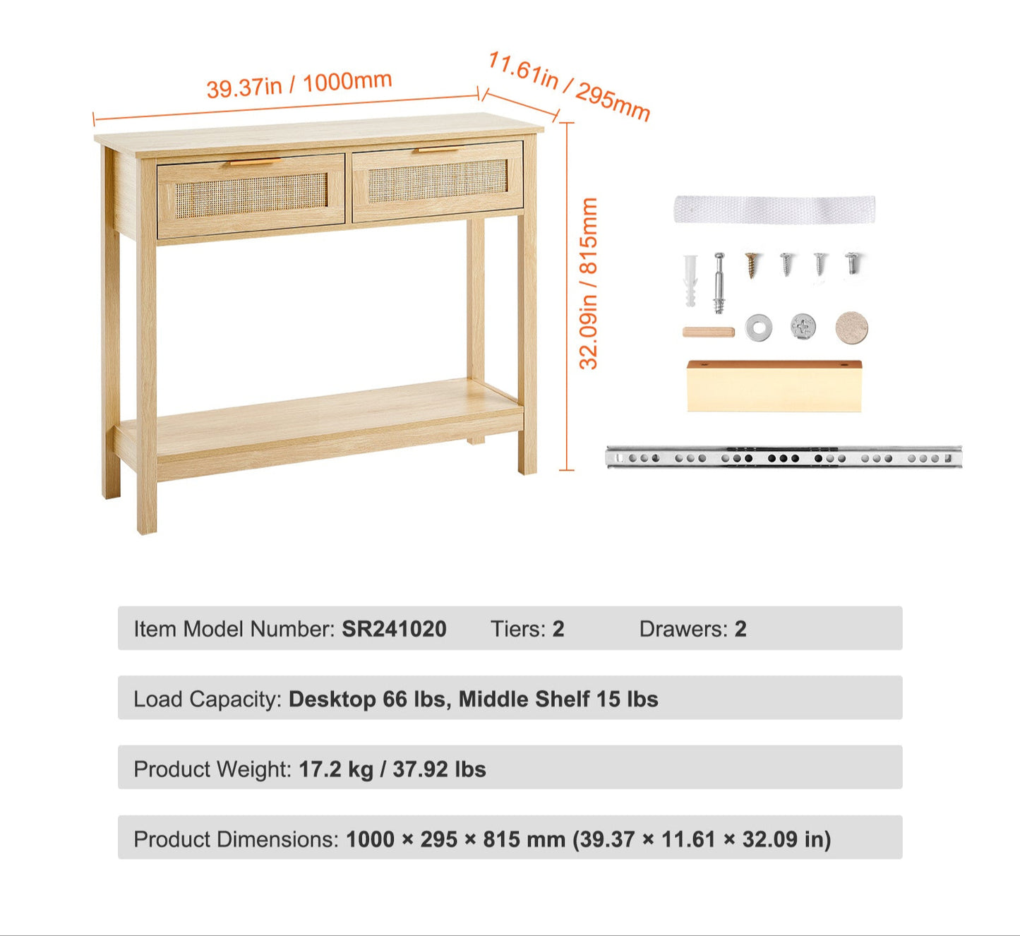 Rattan Sidetable – Bijzettafel – Console Tafel – Opbergmeubel – Haltafel – Natuurlijk Rattan – 2 Lades – Warme Eikenhoutkleur