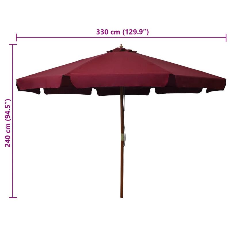 330 cm Burgundy Red Parasol with Wooden Pole | Polyester Film, 6 Ribs, Stainless Steel Shaft and Rib, PE Lamination, Canvas Fabric