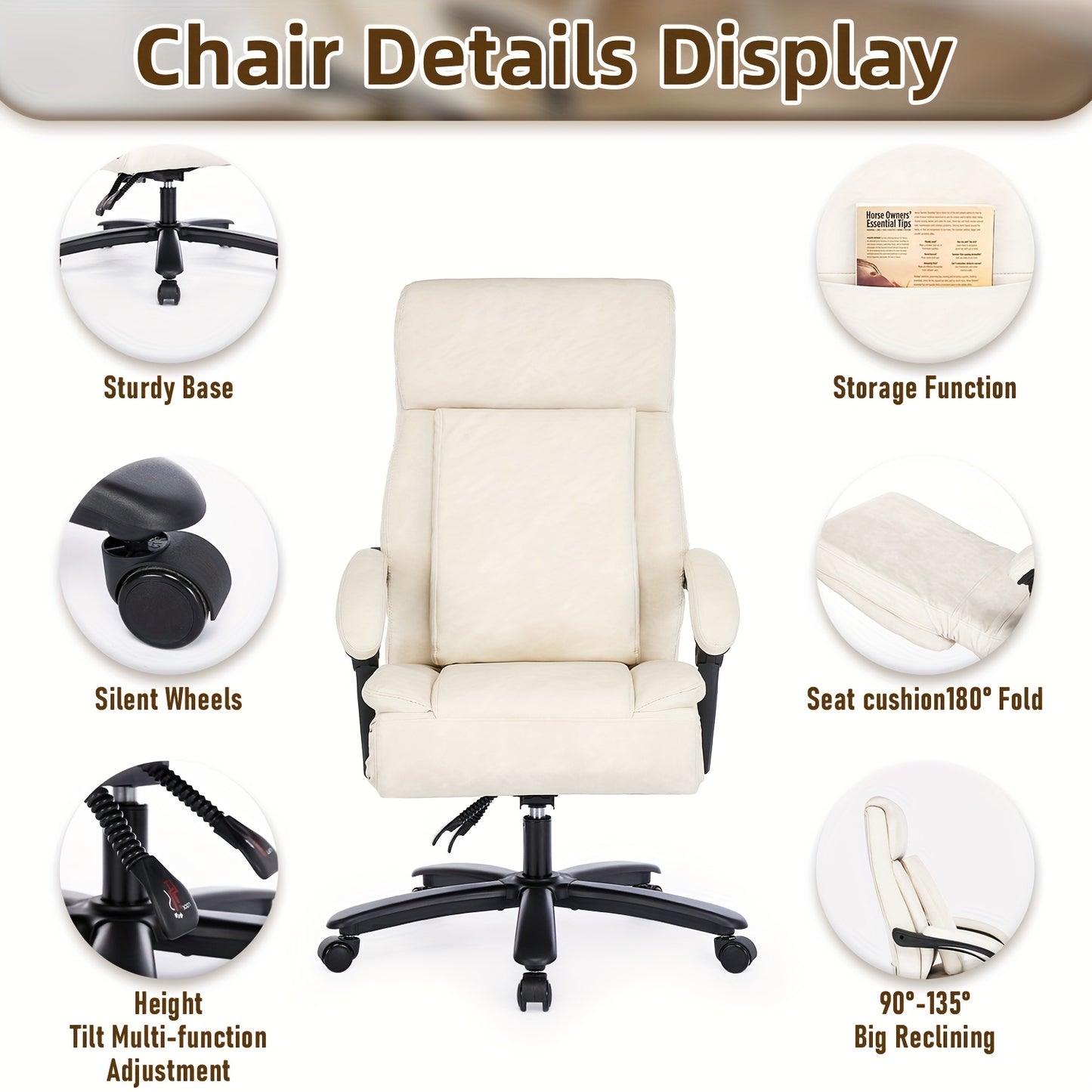 Bureaustoel – Bureaustoel Met Wieltjes – Desk Chair – Werkstoel – Retro Beige – Draagkracht 500 Kg – PU Leer Bekleding