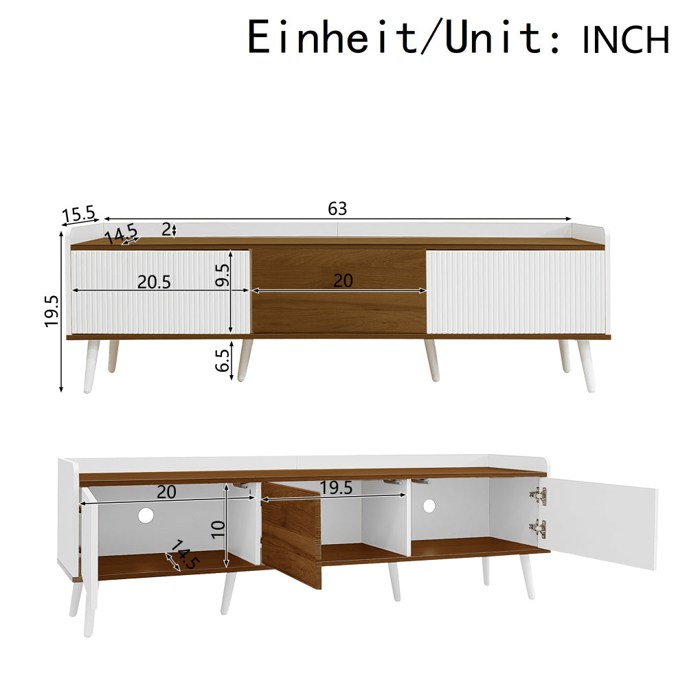TV cabinet, TV table, TV stand, three door cabinet, compact design, white and natural wood grain finish, height 49.5cm * length 160cm * width 39cm,  Media Storage, Sleek Cabinet, Modern Design, Easy Assembly, Console Table, D