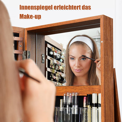 Sieradenkast – Juwelenkast – Spiegelkast – Sieradenopberger – Make-upspiegel – Vrijstaand – Draaibaar – Slot Met Sleutels – MDF Bruin 161 cm Hoog