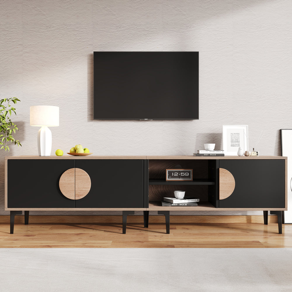 Modern TV Stand Compatible for 80-Inch TVs - Low Profile Media Console with 2 Cupboards & Open Shelves, Heavy-Duty Metal Frame, Assembly, Living Room Entertainment (180x35x49cm)