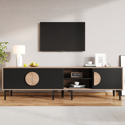 Modern TV Stand Compatible for 80-Inch TVs - Low Profile Media Console with 2 Cupboards & Open Shelves, Heavy-Duty Metal Frame, Assembly, Living Room Entertainment (180x35x49cm)