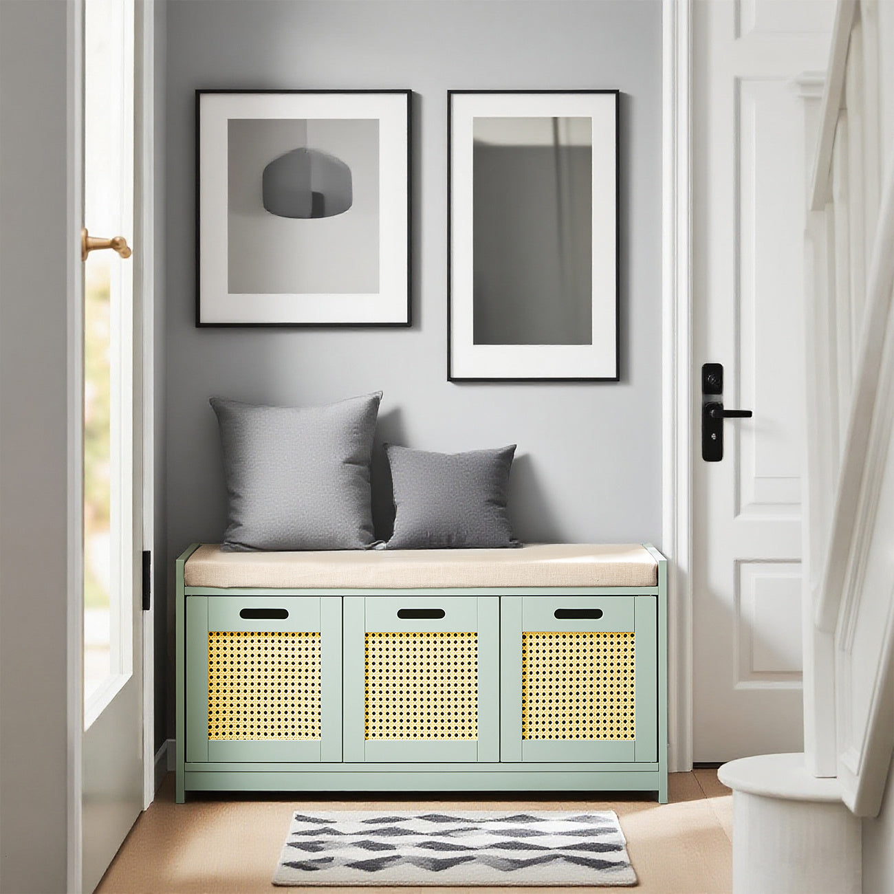 Halbank – Bankje – Zitbank – Opbergbank – Gangbank – Met Lade en 2 Deurtjes – Max. 150 kg – 90x35x45 cm – Groen – Hout