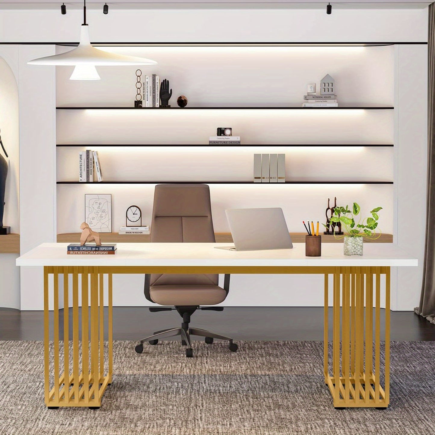Bureau – Werktafel – Schrijftafel – Computertafel – Kantoortafel – 180 cm – Wit met gouden frame – Hittebestendig MDF blad – Verstelbare pootjes