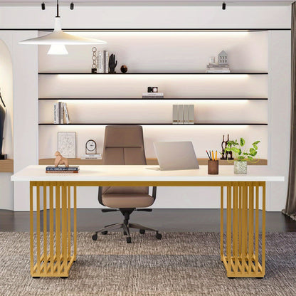 Bureau – Werktafel – Schrijftafel – Computertafel – Kantoortafel – 180 cm – Wit met gouden frame – Hittebestendig MDF blad – Verstelbare pootjes