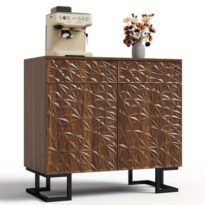 Chest of Drawers with Sideboard Dimensions of 80 X 40 X 78 Cm - Part of The "Leafy Psalm" Collection, Featuring a Dark Walnut Finish with Leaf Patterns, a Metal Leg Frame, Two Drawers, And Two Doors, Designed Without Handles,