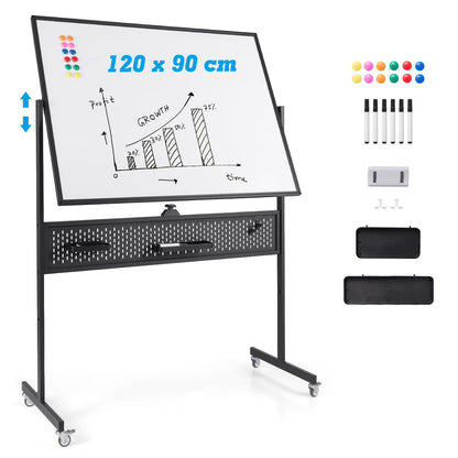 Mobiel Whiteboard – Droog Uitwisbaar Bord – Magnetisch Bord – Spiegelbord – Schoolbord – Dubbelzijdig – 120 x 90 cm – Hoogte Verstelbaar – Wieltjes Met Rem
