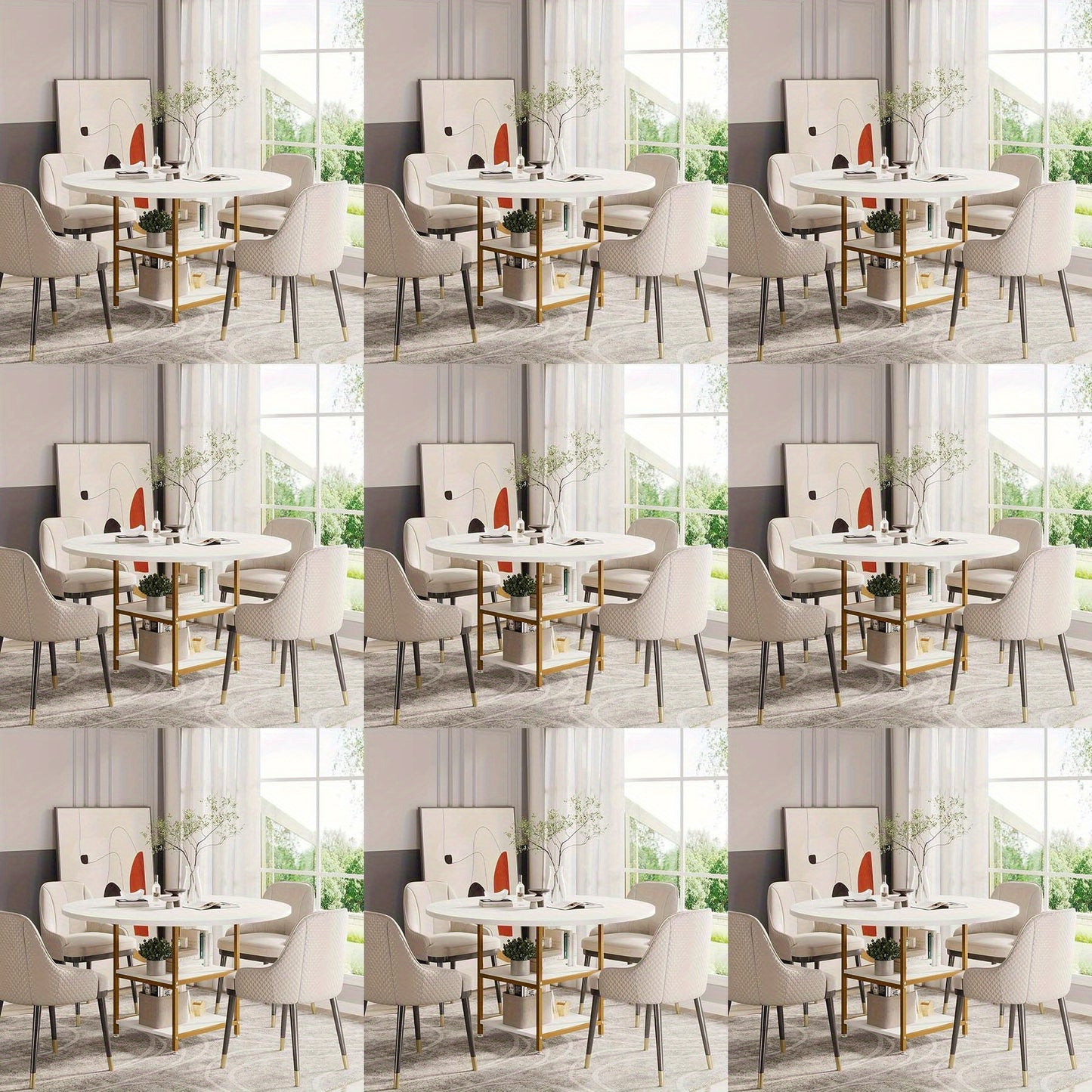 Eettafel – Keukentafel – Ronde Tafel – Eetkamertafel – Inklapbare Tafel – 119 cm Rond – 2-laags Opbergruimte – Wit Gouden Farmhouse Design
