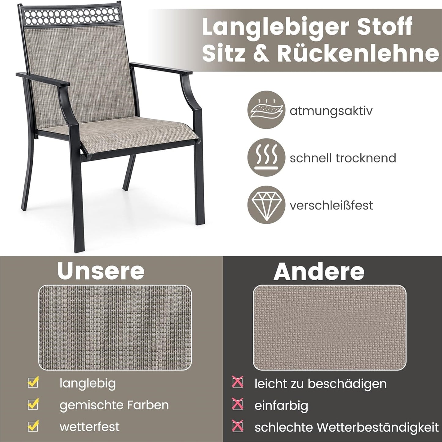 Tuinstoelen – Tuinstoelen – Balkonstoelen – Tuinmeubilair – Buitenzitmeubels – 2-Delige Set Koffiekleur – Sneldrogende Stof – Stevig Metalen Frame Tot 150 kg