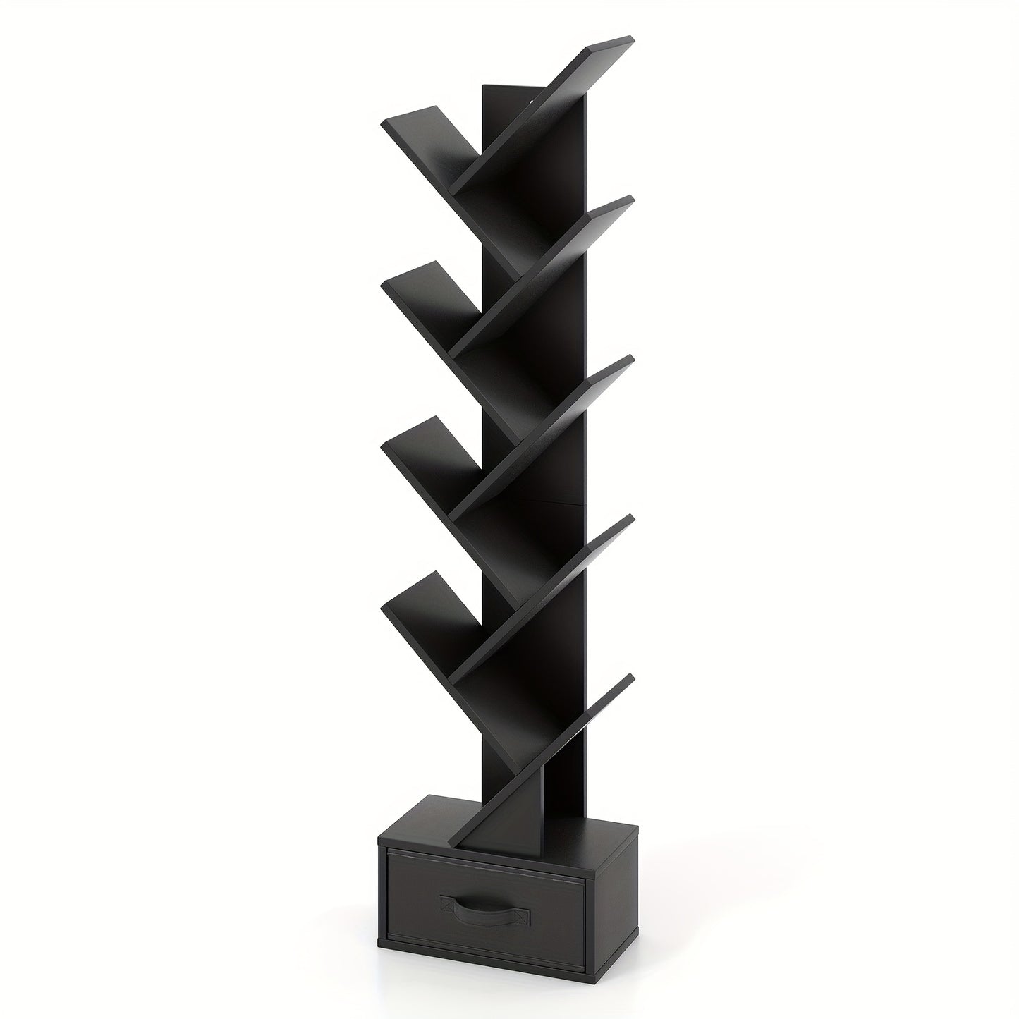 Boomboekenkast – Boekrek – Opbergkast – Boekenplank – Kast Met Lade – Zwart Resin – 8 Planken – Ruimtebesparend Design