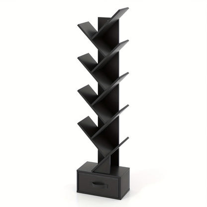 Boomboekenkast – Boekrek – Opbergkast – Boekenplank – Kast Met Lade – Zwart Resin – 8 Planken – Ruimtebesparend Design