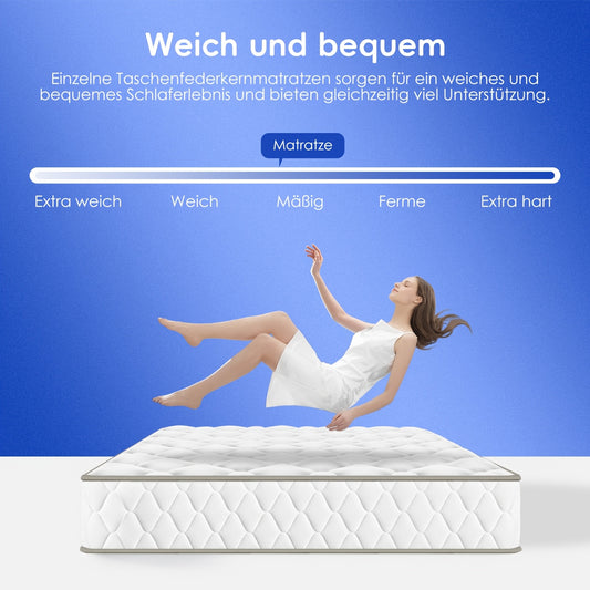 Gronfont Mattress 90x200/140x200 Cm, Pocket Spring Mattress, Ergonomic 7-zone Mattress, Height 22cm, (breathable), Spring Mattress With Fitted Sheet, Firmness Grade H3, Mattress For Adults