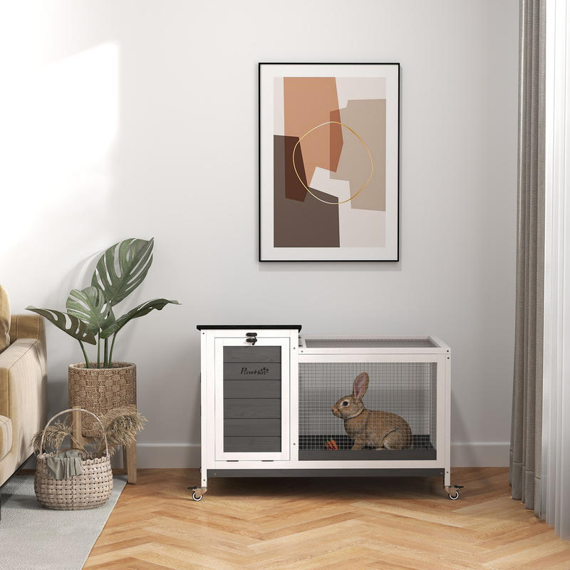 Houten Konijnenhok – Konijnenkooi – Knaagdierhok – Buitenhok – Renhok – Met Wieltjes – Opvouwbaar Dak – 92 x 52 x 67 cm – Geschikt Voor Binnen En Buiten