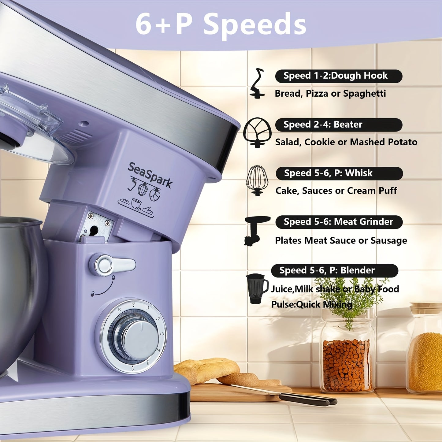 Keukenmixer – Mixer – Standmixer – Mengmachine – KitchenAid – Paars – 6-in-1 Multifunctioneel – 6,3 Liter RVS Kom – 6 Snelheden Met Pulsestand