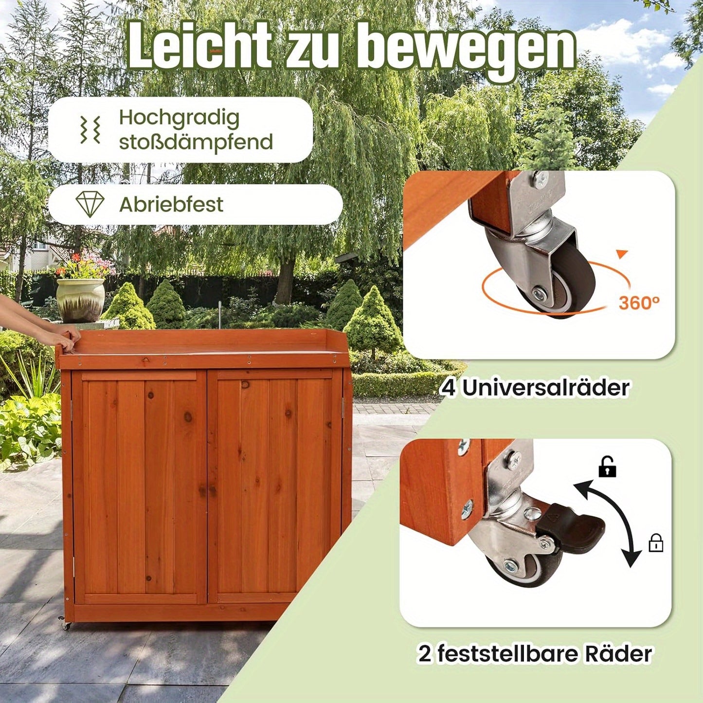 Tuinkast – Tuinberging – Opbergkast – Tuinkist – Buitenberging – Houten Kast Met Verstelbare Plank – Met 4 Zwenkwielen En Gegalvaniseerd Stalen Werkblad