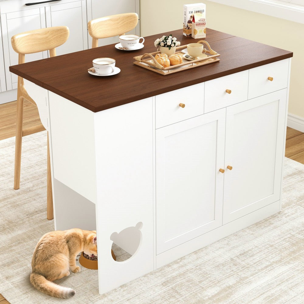 Keukeneiland – Keukentrolley – Keukenwagen – Kitchen Sideboard – Opbergmeubel – Uitschuifbaar Werkblad 120x70 cm – Ingebouwd Kruidenrek – Huisdier Voerplek Wit/Walnoot