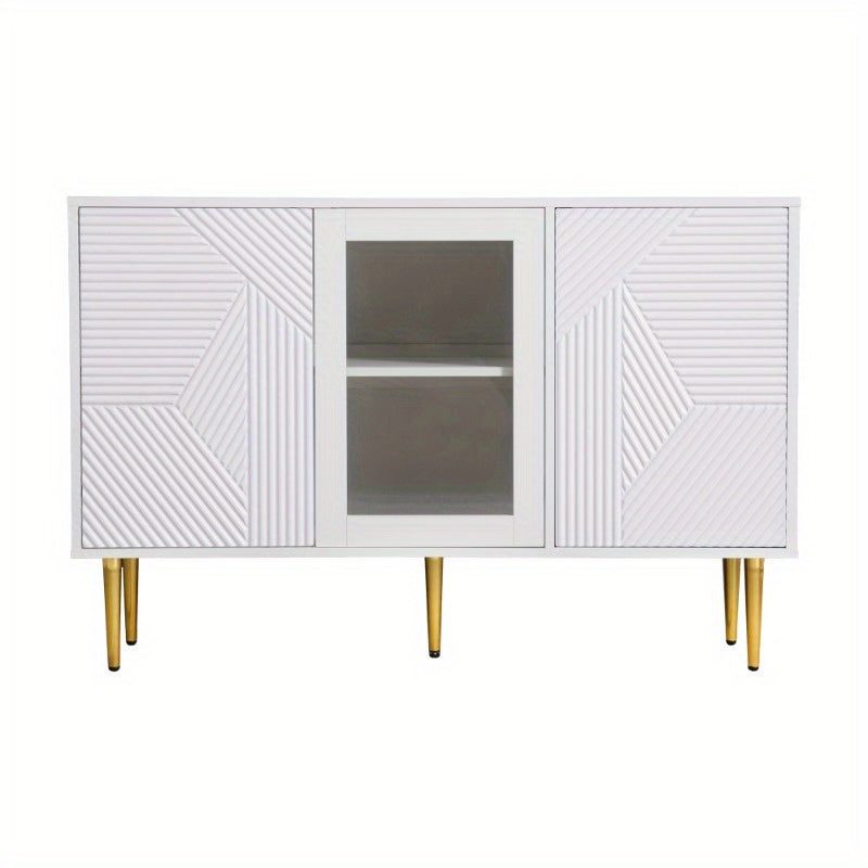 White Commode 3 Doors Glass Front Metal Legs Modern Storage Cabinet 120 cm Wide 38 cm Deep 79.5 cm High Dresser Chest of Drawers