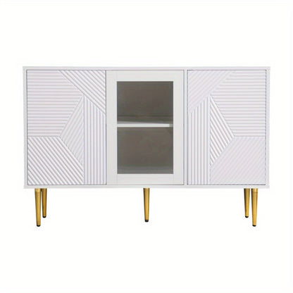White Commode 3 Doors Glass Front Metal Legs Modern Storage Cabinet 120 cm Wide 38 cm Deep 79.5 cm High Dresser Chest of Drawers