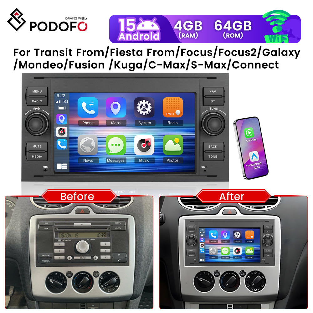 PODOFO 17.78 cm Android Car Stereo for Ford Transit, Fiesta, Focus, Galaxy, Mondeo, Fusion, Kuga, C-Max, S-Max | Wireless Carplay & Android Auto, 4+64GB, GPS, WiFi, 32EQ, Wireless 5.0, FM/RDS Radio, Universal Fit, Without Bat