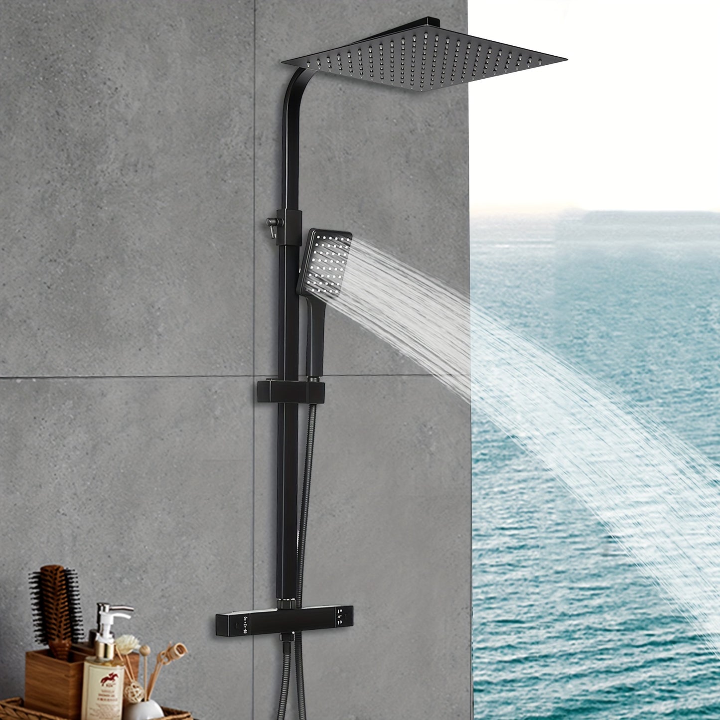 Doucheset – Regendouche Set – Douche Systeem – Douchekraan – Zwart Thermostaat – RVS Materiaal – Verstelbare Hoogte 80-122 cm – Veiligheidsvergrendeling 38°C
