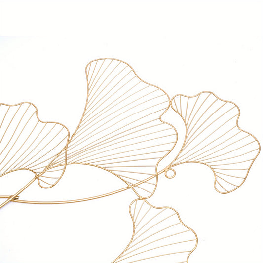 Ginkgo Wanddecoratie – Metalen Wandkunst – Muurdecoratie – Wandornament – Woondecoratie – Extra Lang 120x57 cm – Goudgele IJzeren Constructie – Handgemaakte 3D Bladdisplay – Inclusief Ophangset