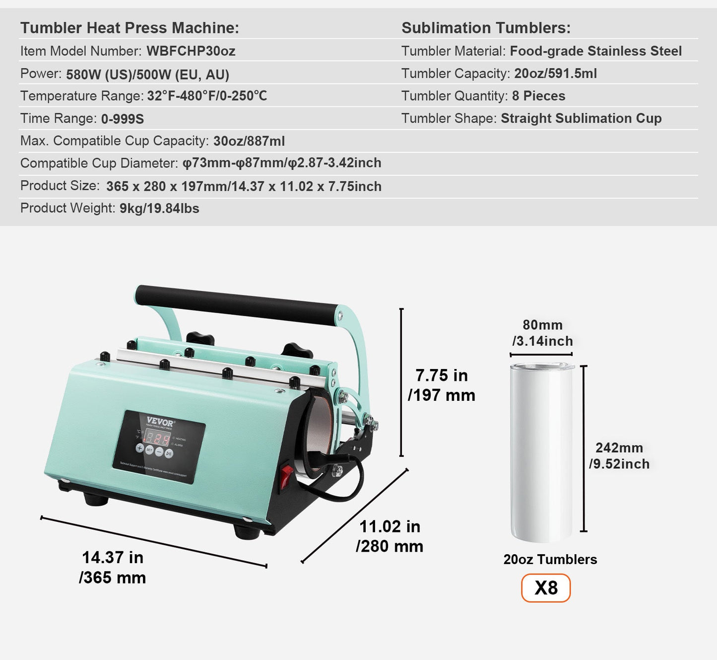 Tumblerpers – Warmtepers – Sublimatiepers – Mok Persmachine – Drinkbeker Pers – Inclusief 8x 20oz Foodgrade RVS Tumblers – Digitale Touchscreen Bediening – 1 Minuut Snelle Sublimatie