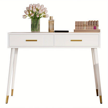 Kaptafel – Make-uptafel – Schminktisch – Dressing Table – Toilettafel – Wit – Met Metalen Gouden Poten – 2 Uitschuifbare Laden – Compact Formaat 40 cm Diep