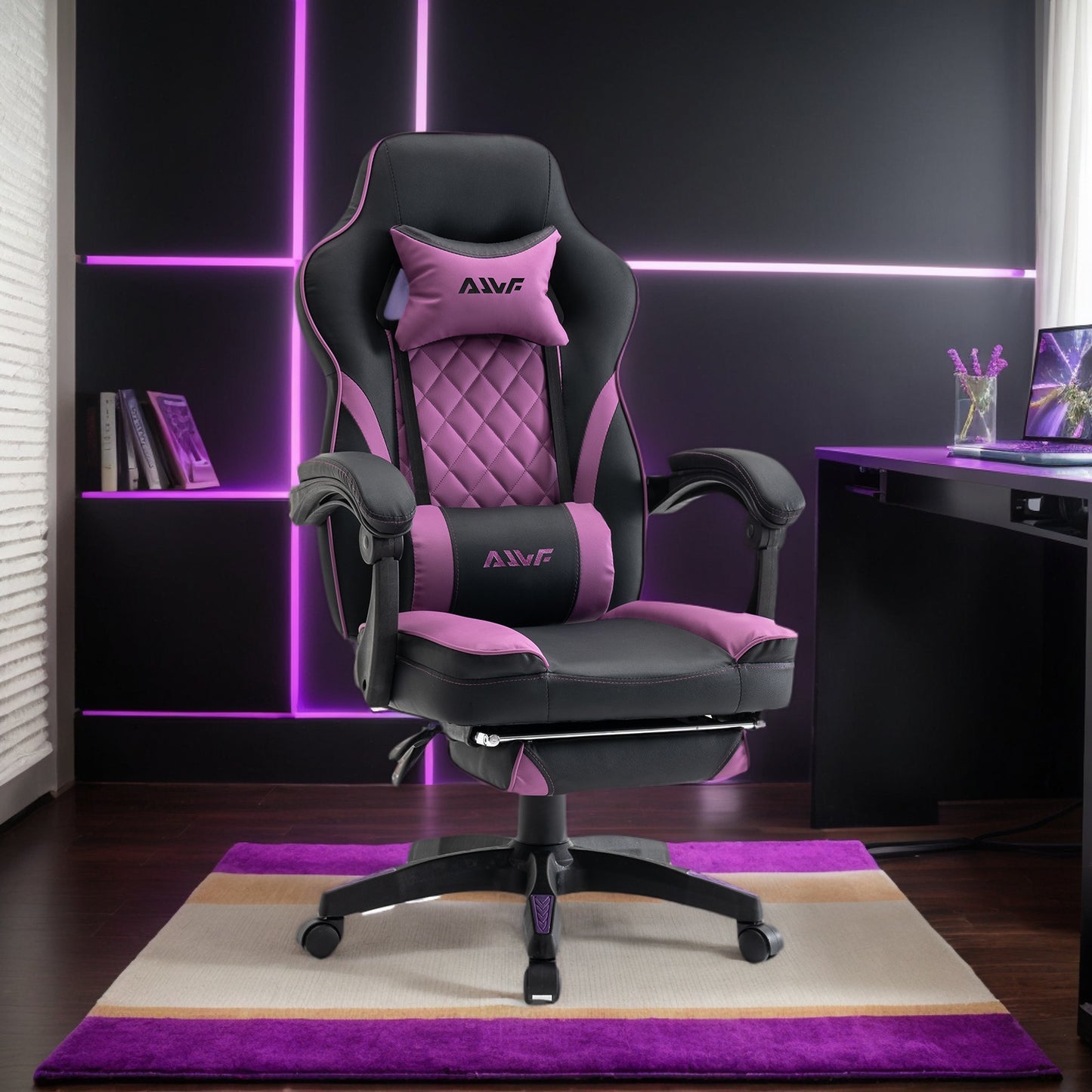 Gamingstoel – Gamestoel – Gaming Chair – Bureaustoel – Game Stoel – Ergonomisch Design – Verstelbare Rugleuning & Lendensteun – Zwart met Paarse Accenten