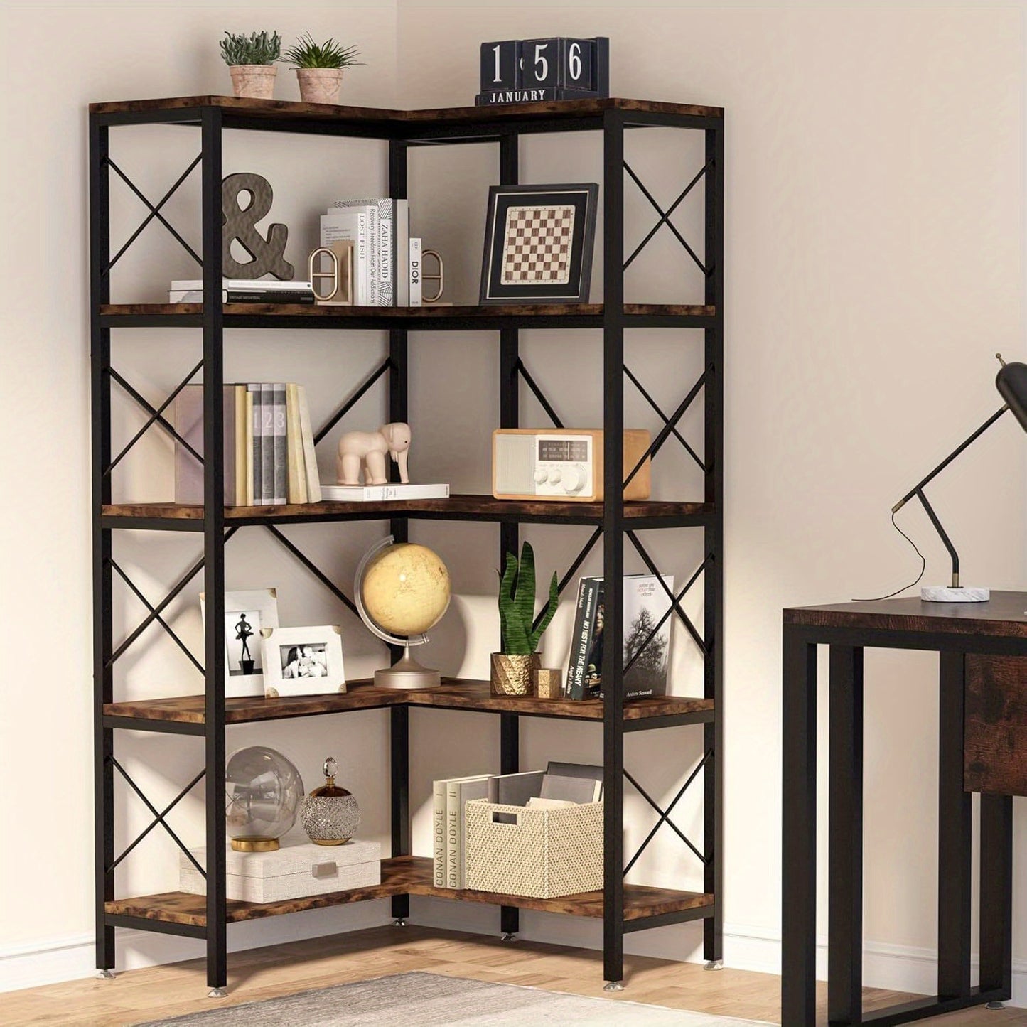 Industriële Hoek Boekenkast – Boekenplank – Opslagrek – Display Rek – Opbergmeubel – Rustiek Modern – Met Metaalframe & Houten Planken – Verstelbare Voetjes & X-Bar Stabiliteit