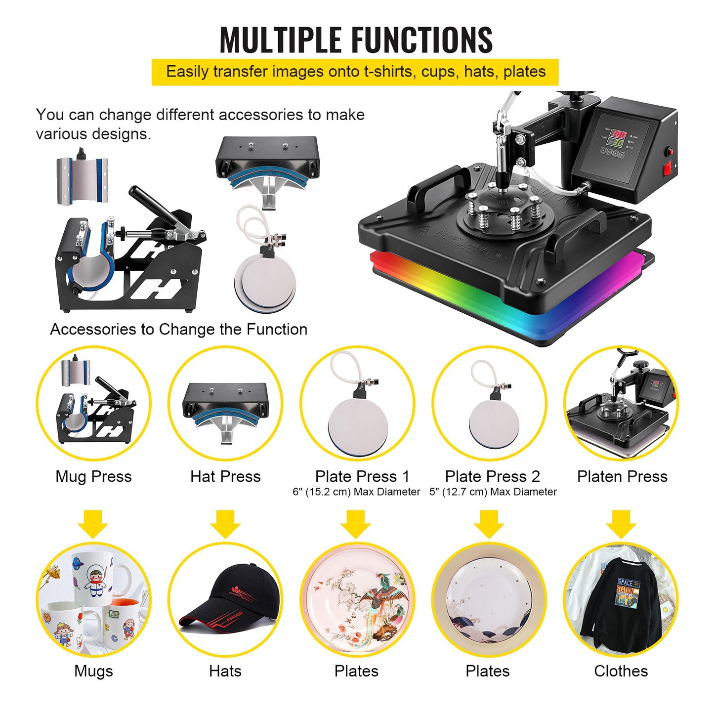 Hittepers – Transferpers – Sublimatiepers – T-shirtpers – Mokkenpers – 6-in-1 Multifunctioneel – Digitaal LCD-Scherm – 30x38 cm Hitteplaat