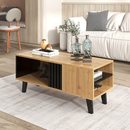 Salontafel – Koffietafel – Woonkamertafel – Bijzettafel – Opbergtafel – Houtfineer En Zwart Design – 100x60x45 cm – Met Lade En Extra Opbergruimte