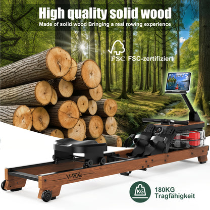 Water Rowing Machine Made Of Wood Foldable Rowing Machine With Wireless Monitor & Tablet Holder, Comfortable Seat, Load Capacity Up To 180 Kg, Without Battery