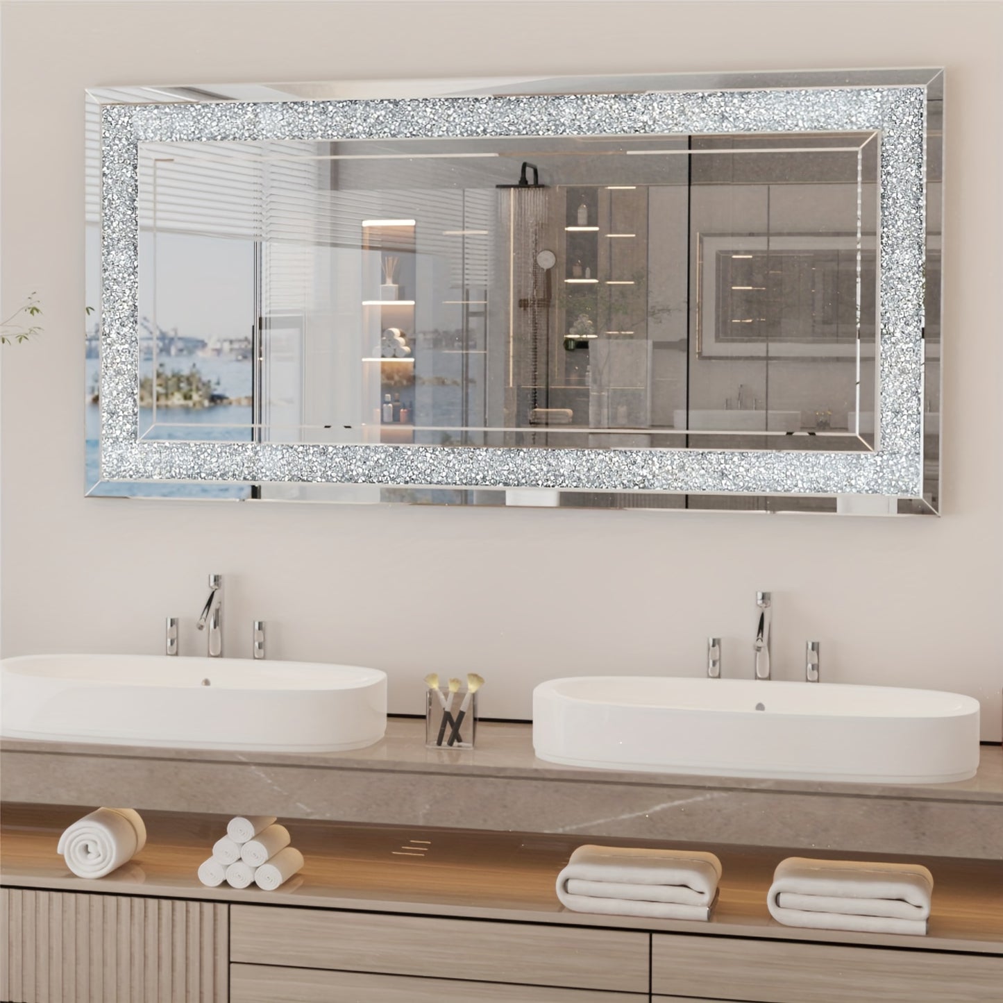 Grote Wandspiegel – Volledige Lengte Spiegel – Hangspiegel – Sierlijke Spiegel – Grote Kamer Spiegel – 120x60cm – Verzilverd Kristal Frame – Horizontaal en Verticaal Ophangbaar