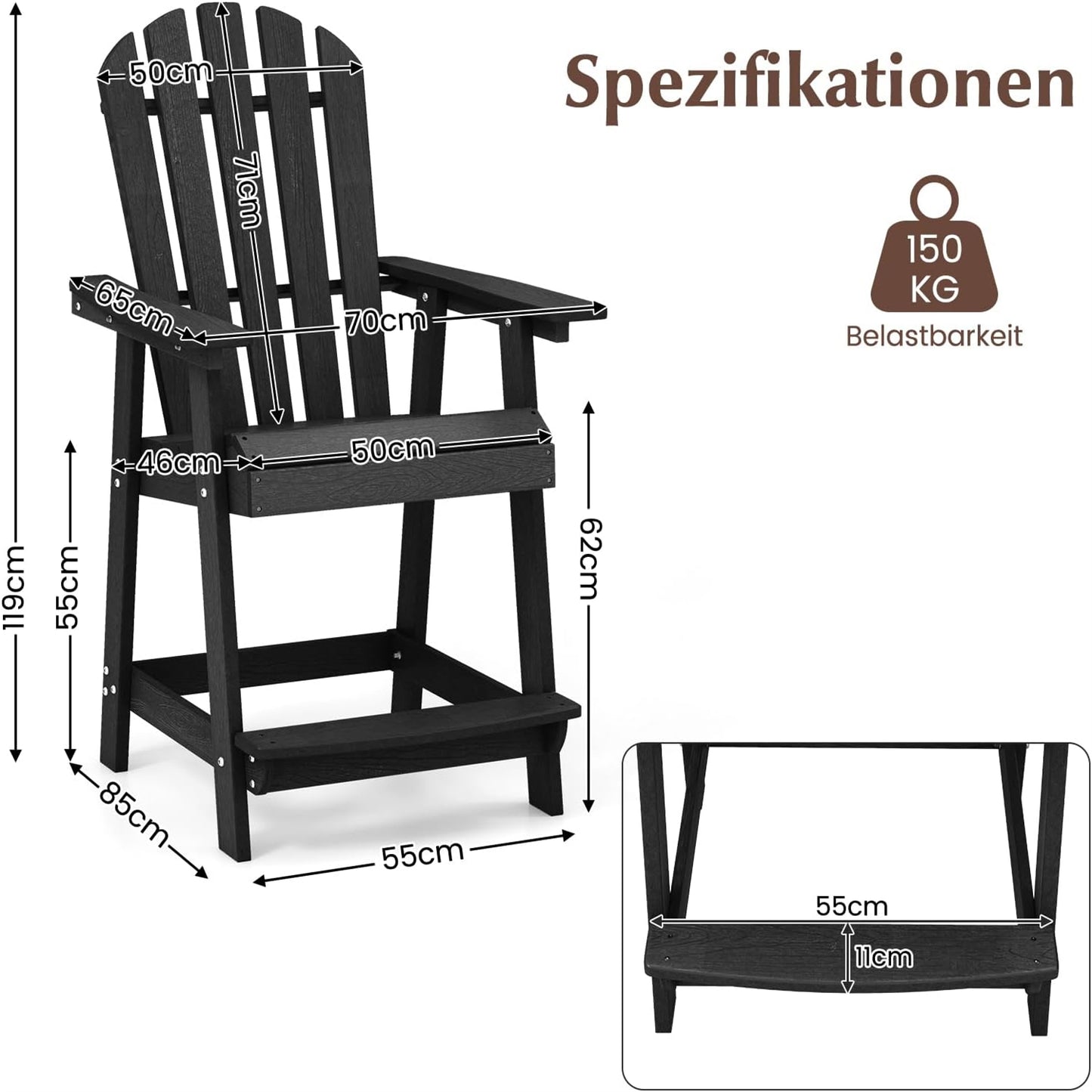 Adirondack stoel – hoge tuinstoel – balkonstoel – terrasstoel – barstoel – weerbestendig HDPE – met voetensteun zwart