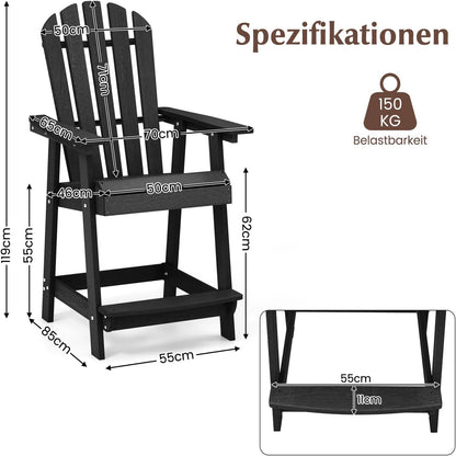 Adirondack stoel – hoge tuinstoel – balkonstoel – terrasstoel – barstoel – weerbestendig HDPE – met voetensteun zwart