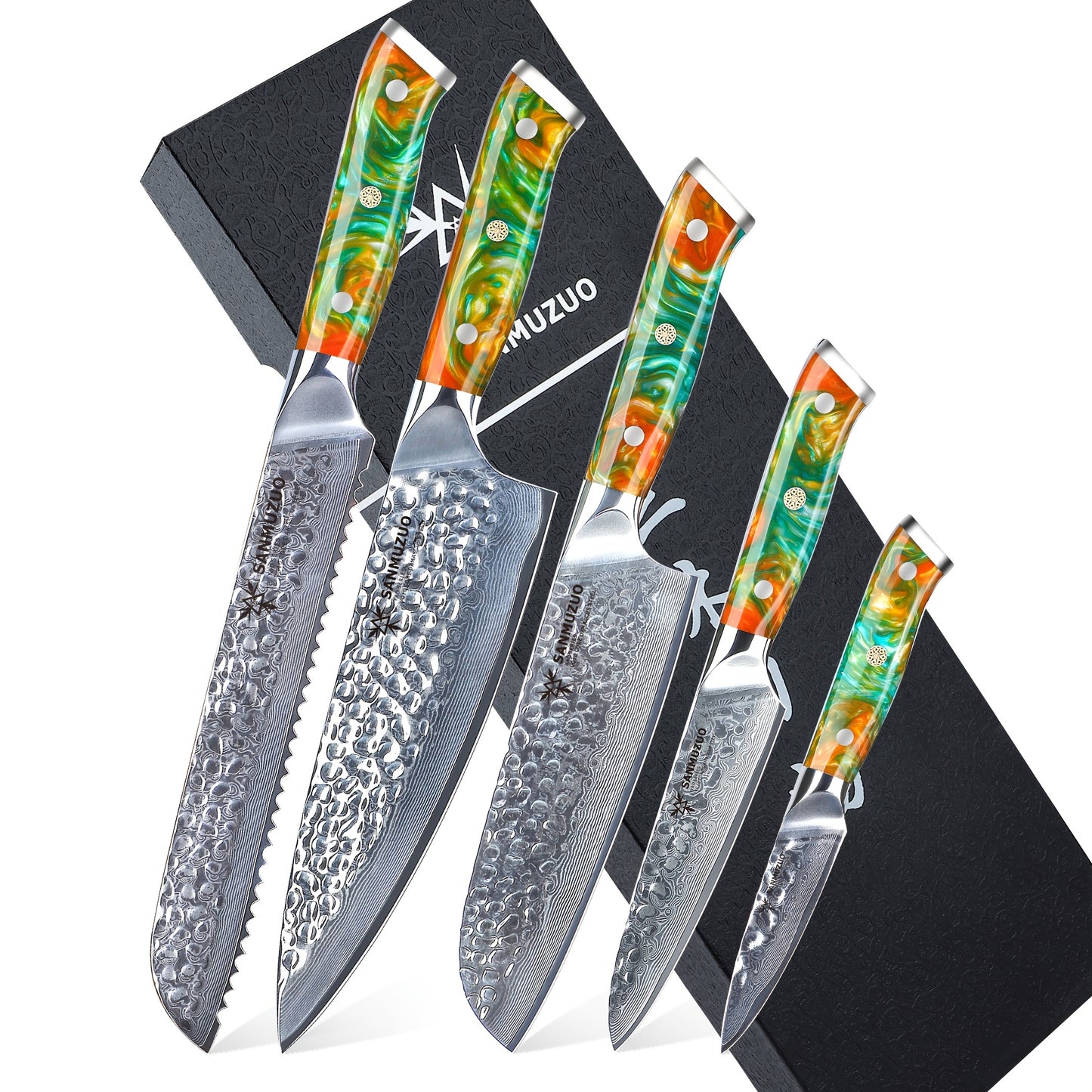 Damascus Kitchen Cooking Knife Set, Ultra Sharp Japanese VG-10 Steel with Resin Handle, Professional Kitchen Chef Knife Perfect Gift, Fantasy Orange Of YAO Series