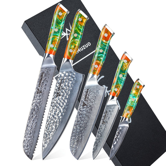 Damascus Kitchen Cooking Knife Set, Ultra Sharp Japanese VG-10 Steel with Resin Handle, Professional Kitchen Chef Knife Perfect Gift, Fantasy Orange Of YAO Series