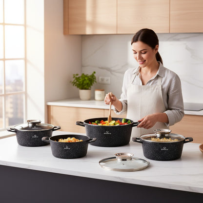 Pannenset – Kookpannen Set – Pan Set – Keukenpannen – Potten Set – 8-Delig Met Deksel – Marmeren Antiaanbaklaag – Geschikt Voor Alle Kookplaten – Inductie – Veilig & Duurzaam