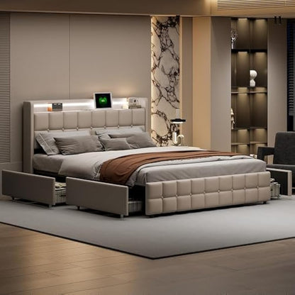 Bedframe – Gestoffeerd Bed – Tweepersoonsbed – Platformbed – Opbergbed – 160x200 cm – Linnen Bekleding – USB Oplaadstation – Verstelbare LED Verlichting