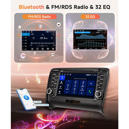 PODOFO [4+64G] Android 15 7-inch for Audi TT MK2 8J 2006-2014, Wireless Carplay/Android Auto, Android EQ AI DSP/GPS/WiFi/BT5.0/FM/Mirror Link+Backup Camera+Mic, A Perfect Gift for Dad and Drivers, Merry Christmas Gifts, Black