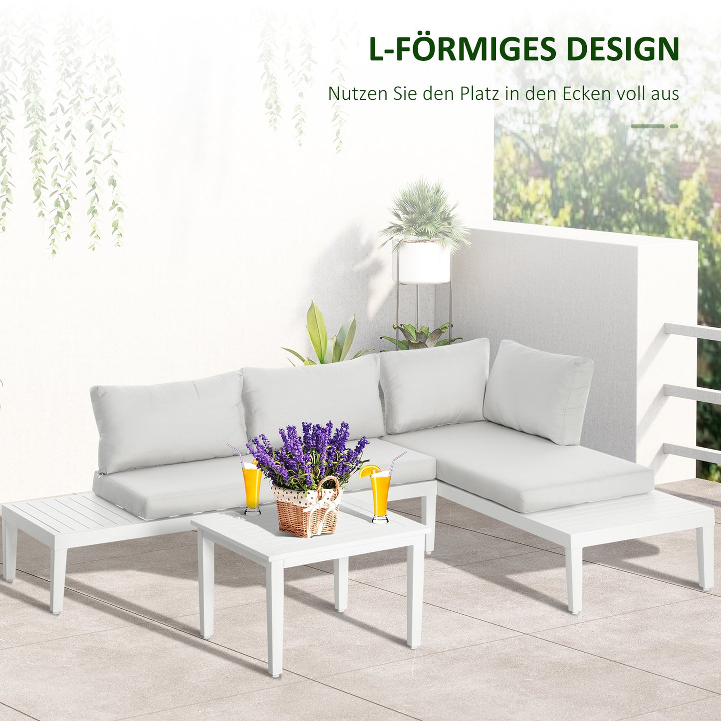 3-delige Loungeset – Tuinmeubelset – Balkonset – L-vormige Bank – Loungesofa – Lichtgewicht Aluminium – Weerbestendig & Comfortabel Kussen – Creme Wit