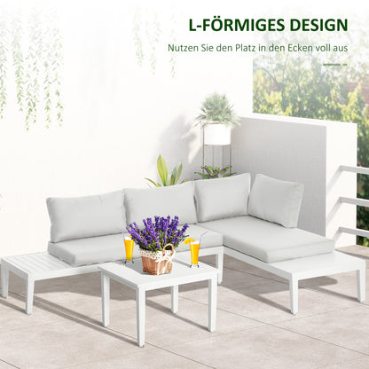 3-delige Loungeset – Tuinmeubelset – Balkonset – L-vormige Bank – Loungesofa – Lichtgewicht Aluminium – Weerbestendig & Comfortabel Kussen – Creme Wit