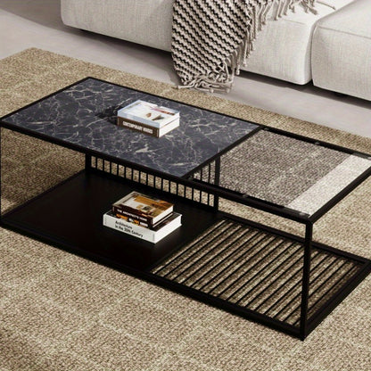 Salontafel – Koffietafel – Bijzettafel – Woonkamertafel – Tafel – Zwart – Metaal en Glas – Robuust Met Extra Opbergruimte